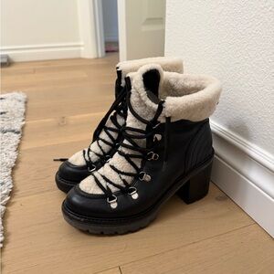 Marc fisher Sherpa chunky heel Women's Black and Cream Lace-Up combat snow Boots